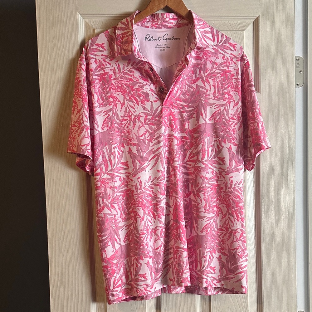 Robert Graham Pink Palm Pattern Polo golf Shirt